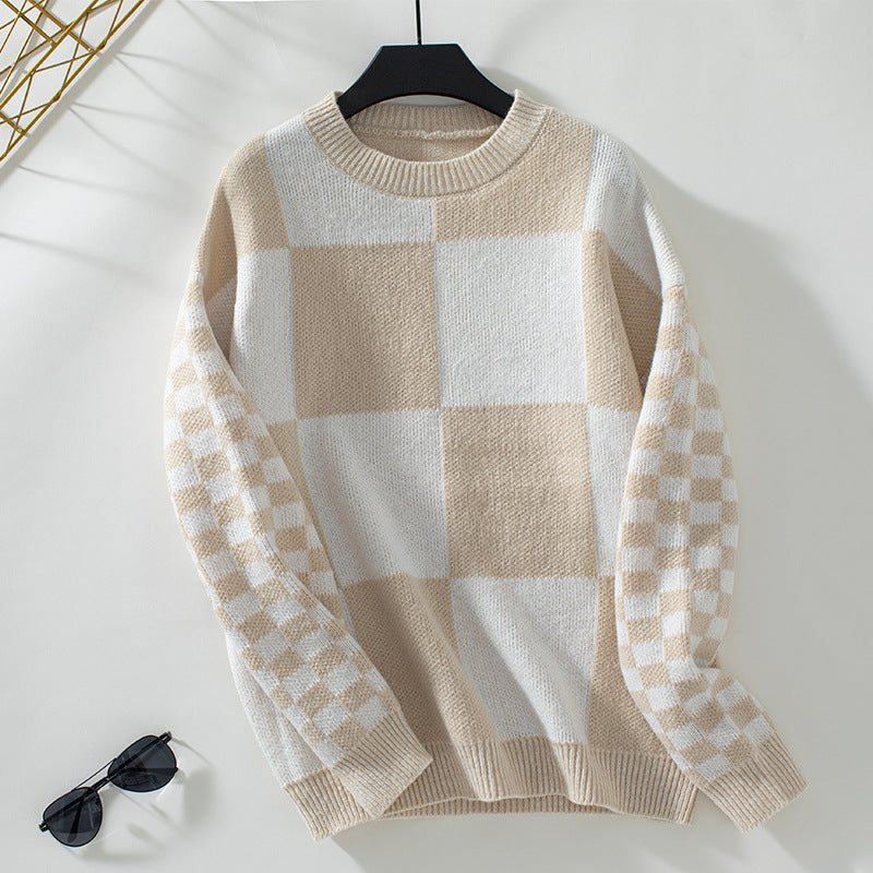 Women's Contrast Color Check Pullover Knitted Fashionable Sweaters