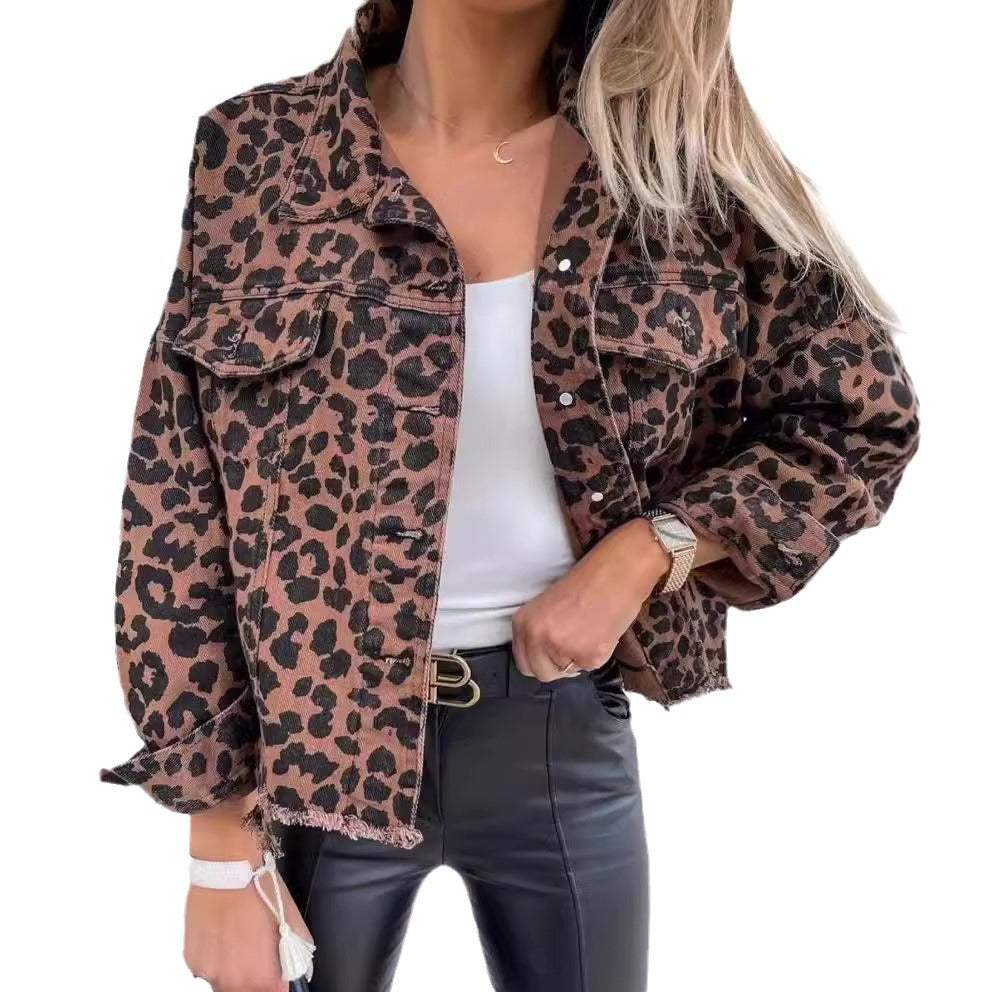 Women's Washed Old Leopard Print Frayed Hem Jackets