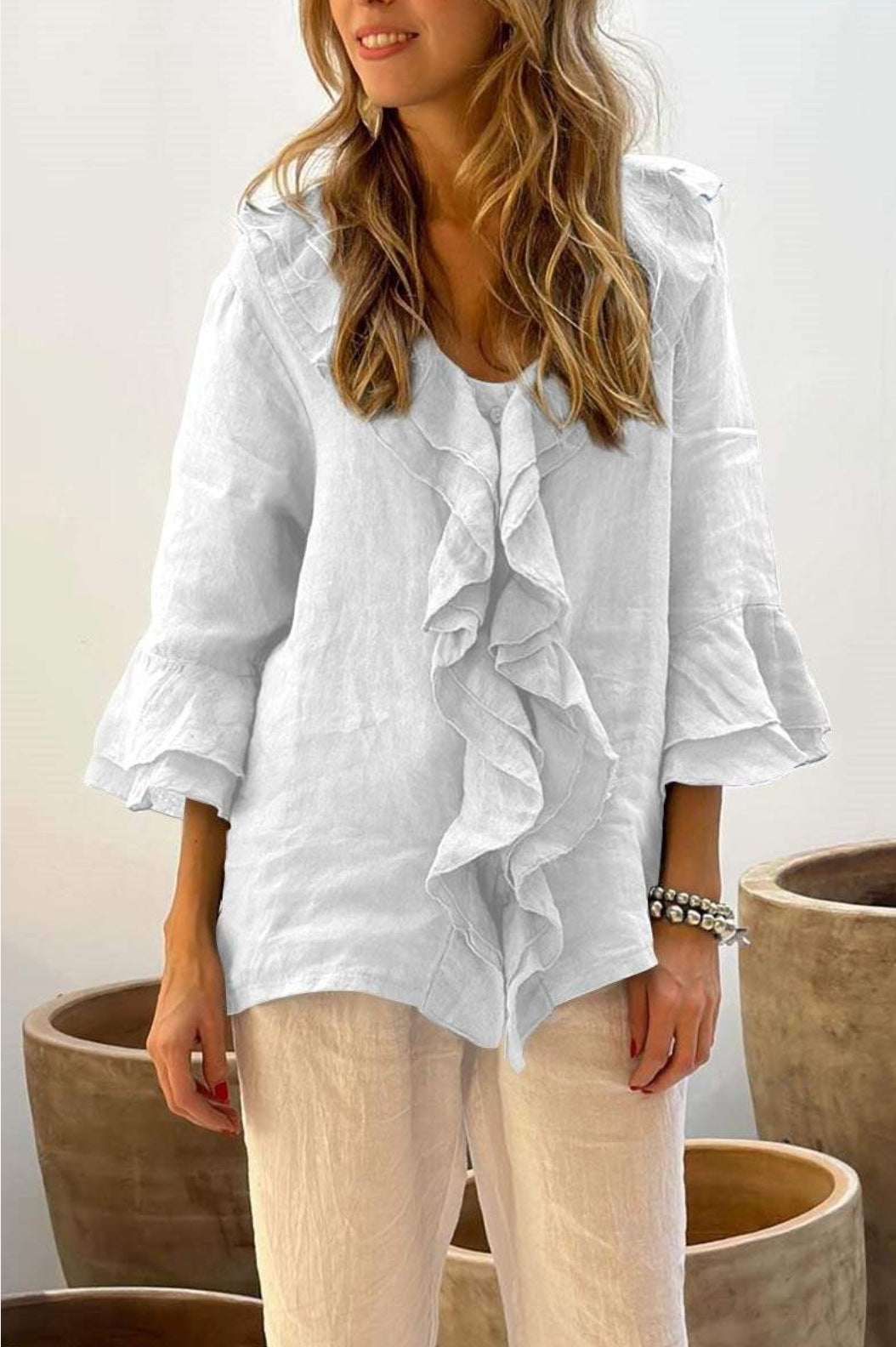 Autumn Solid Color Flying Sleeves Ruffled Blouses