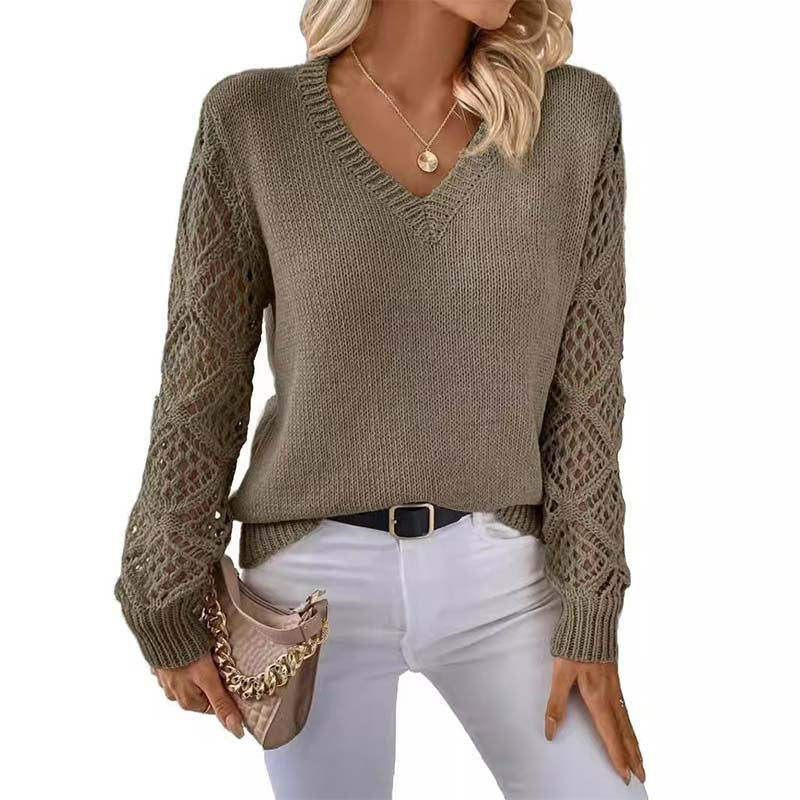 Women's Solid Color Hollow Mesh Sleeve Pullover Knitwear