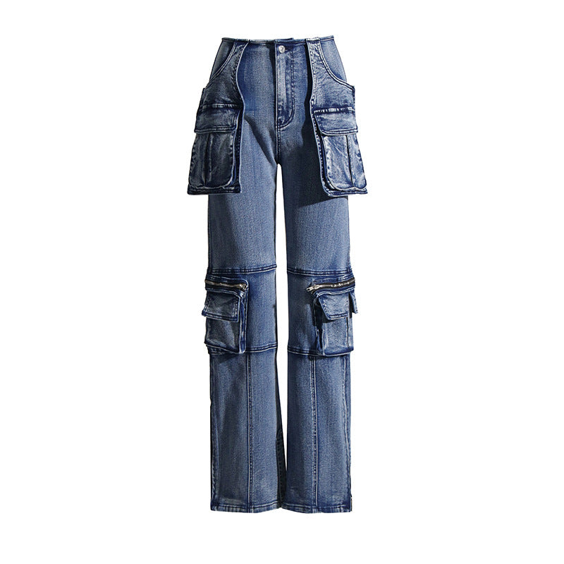 Women's Large Pocket Slimming Patchwork Denim Trousers Jeans