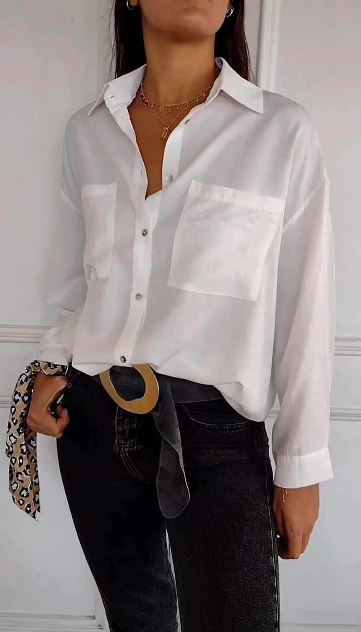 Stylish Step-in Casual Long-sleeved Pocket Shirt Blouses