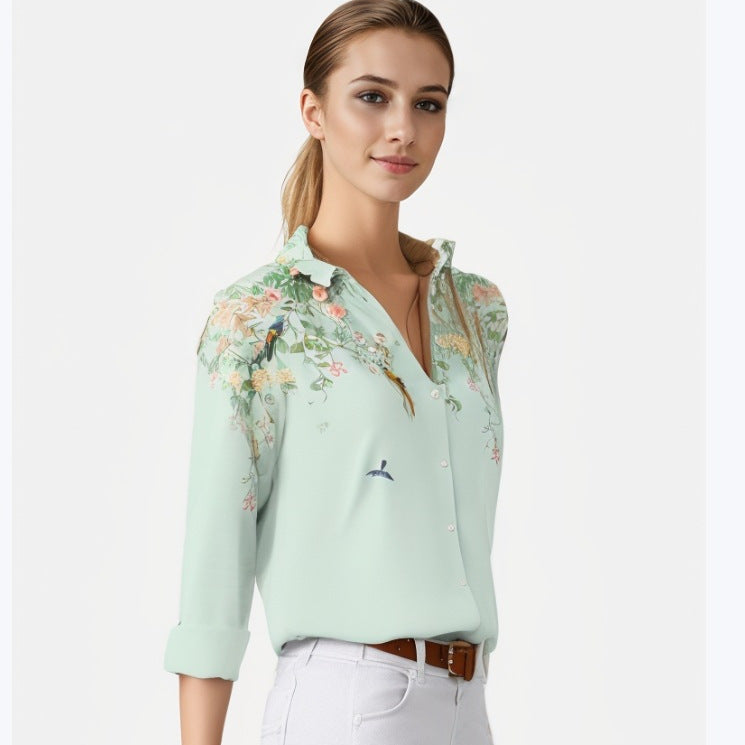 Women's Lapel Long-sleeved Single-breasted Temperament Printed Shirt Blouses