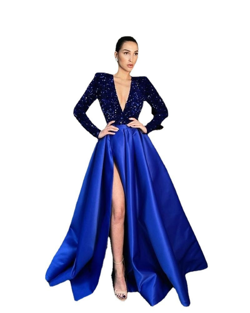 Women's Long Sleeve Sequin Swing Sequined Slit Evening Dresses