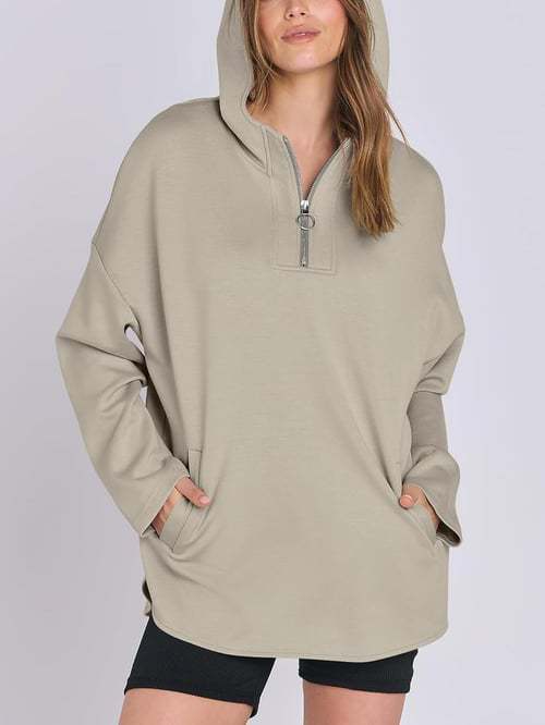 Sweat-shirt à capuche zippé à demi-col roulé pour femme