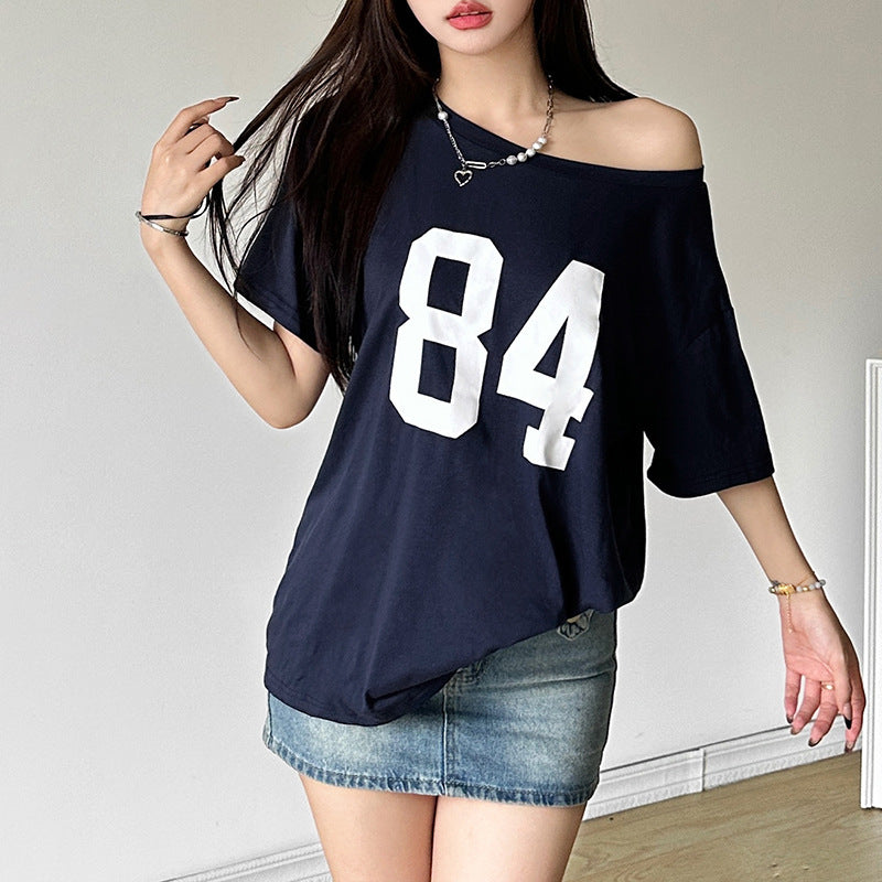 Women's Summer Street Fashion Letter Print Diagonal Collar Blouses