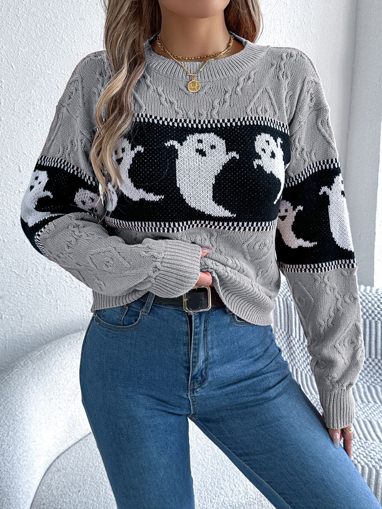 Women's Halloween Theme Ghost Contrast Color Long Sweaters