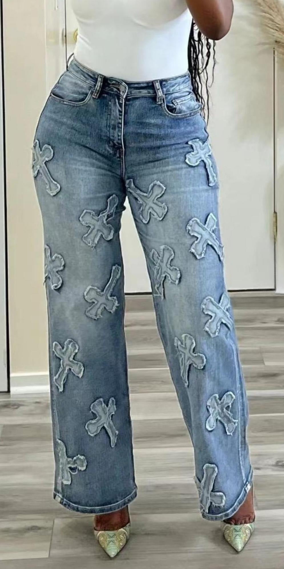 Retro Washed Denim Tassel Cross Hip Jeans