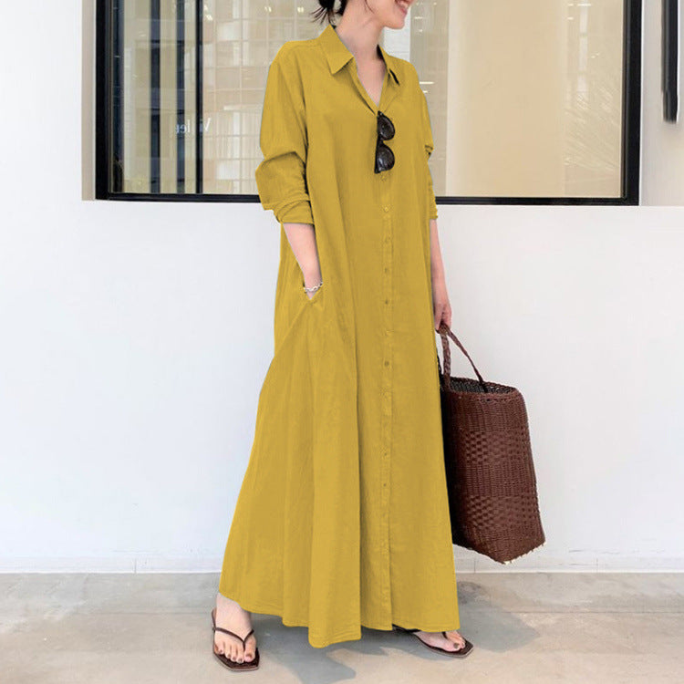 Cotton Linen Solid Color Lapel Long Sleeve Pocket Simple Dresses