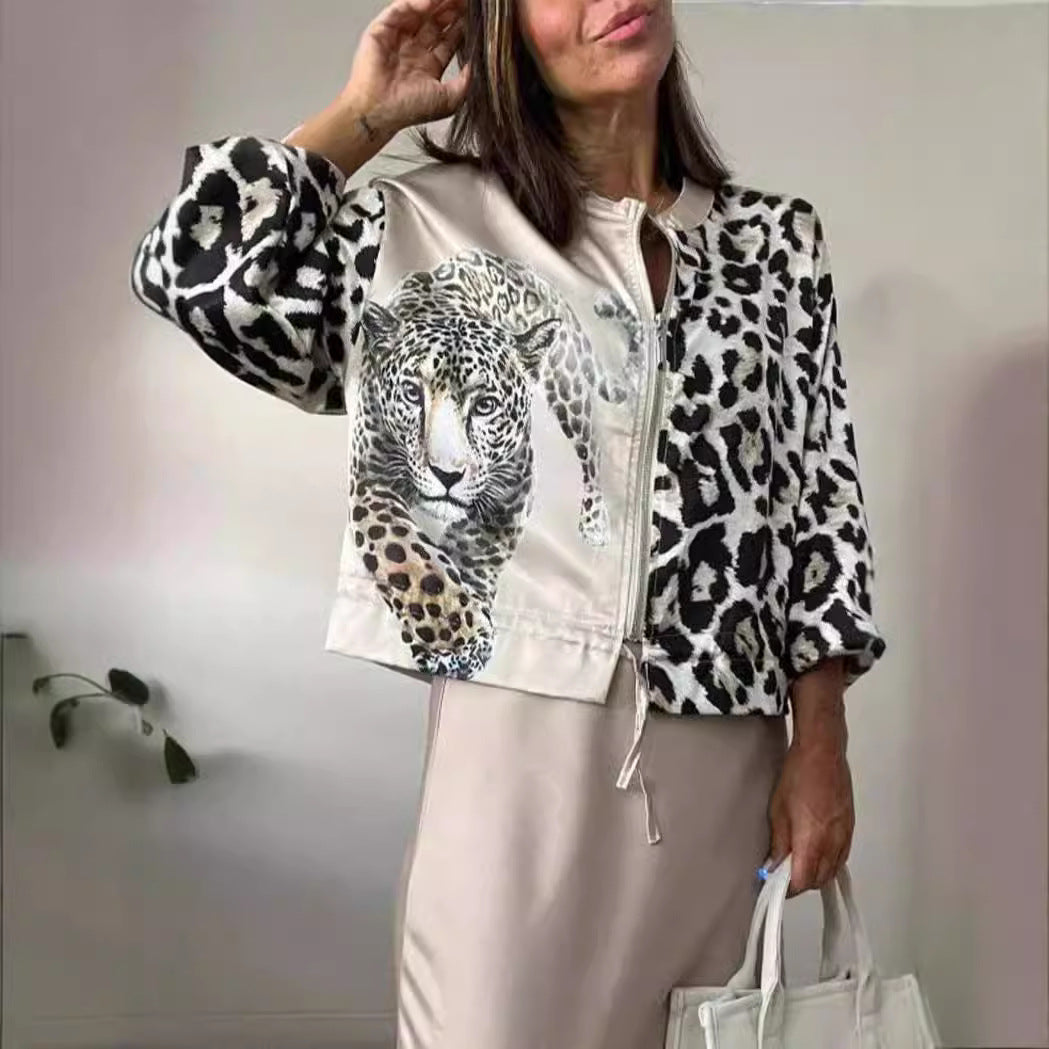 Women's Wear Autumn Leopard Animal Combination Printing Pilot Jackets