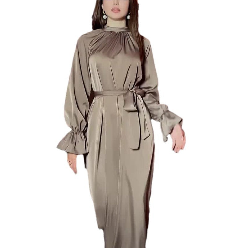 Women's Solid Color Satin Long Sleeve Loose Dresses