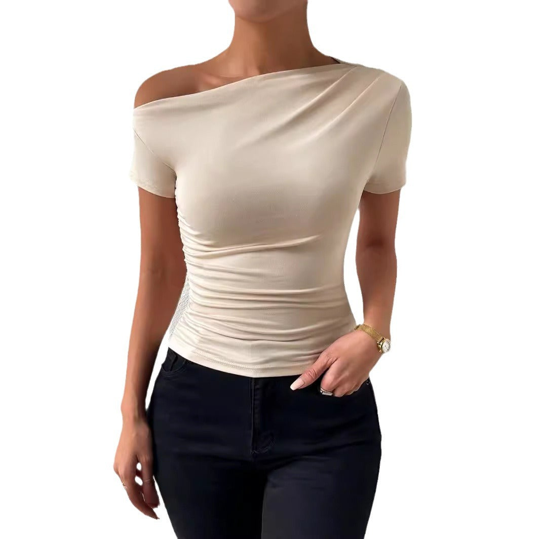 Slim Fit Pleating Irregular Sleeve T-shirt Blouses