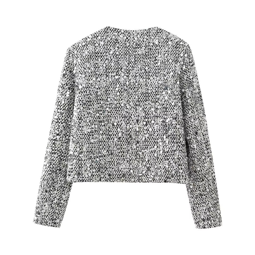 Women's Round Neck Pure Color Sequins Decorative Blazers