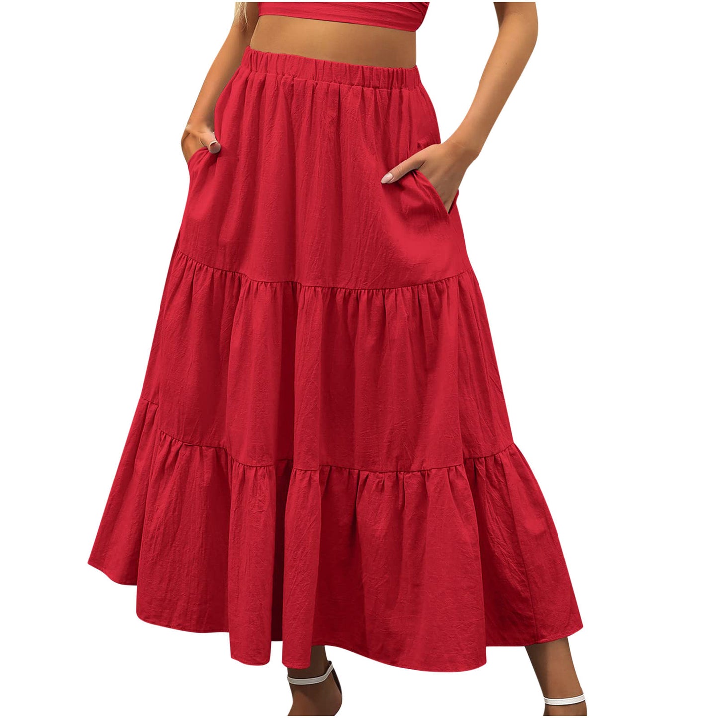 Solid Color Pocket Casual Cake Dress Skirts