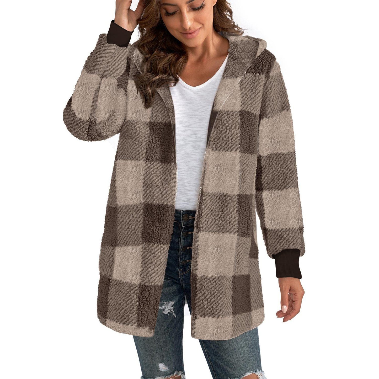 Women's Popular Loose Plaid Fur Fashion Coats