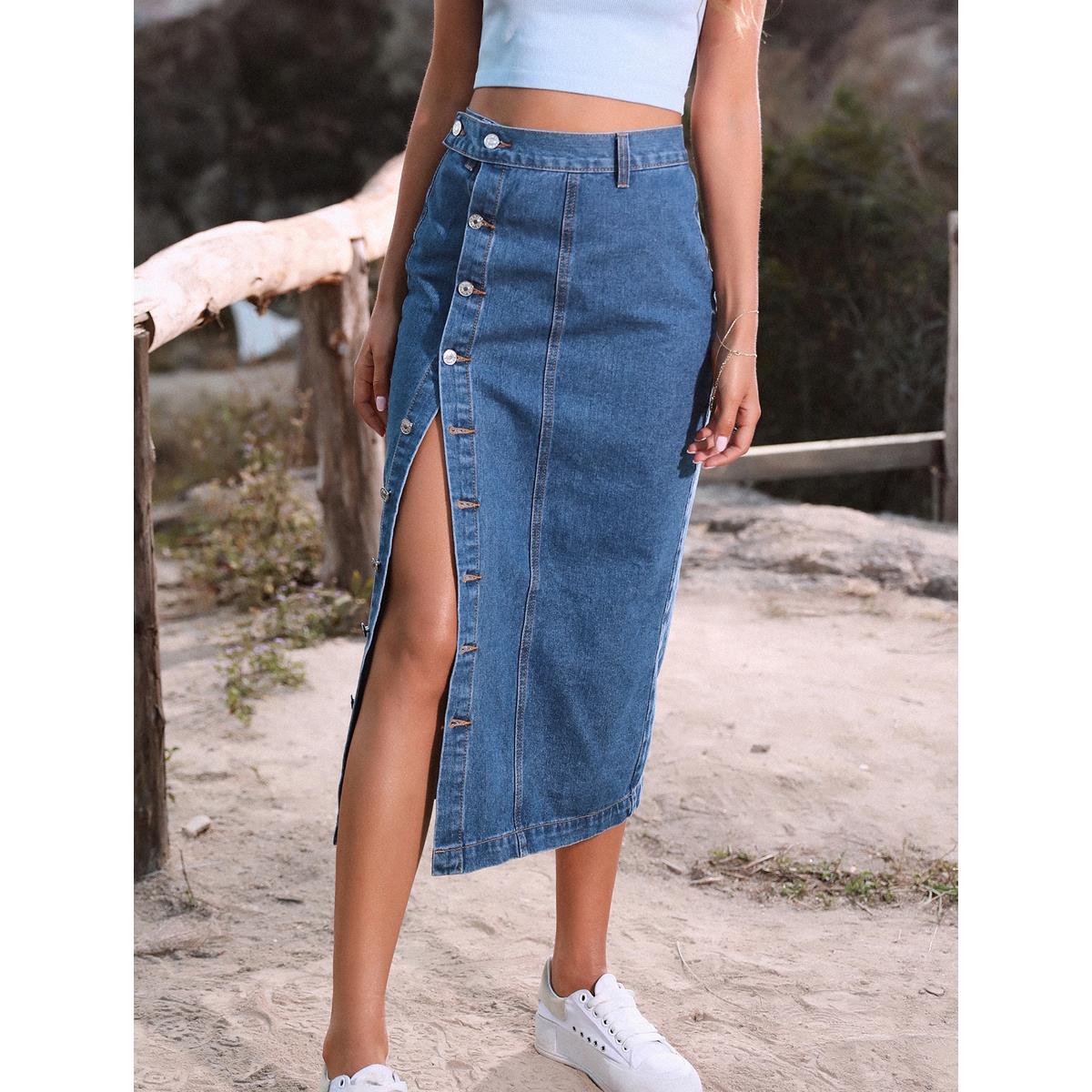 Women's Casual Button Irregular Slit Denim High Skirts