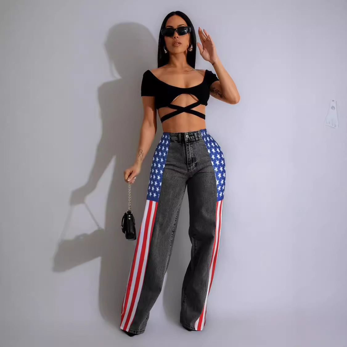 Women's Flag Print Stretchy Denim Trousers Casual Jeans