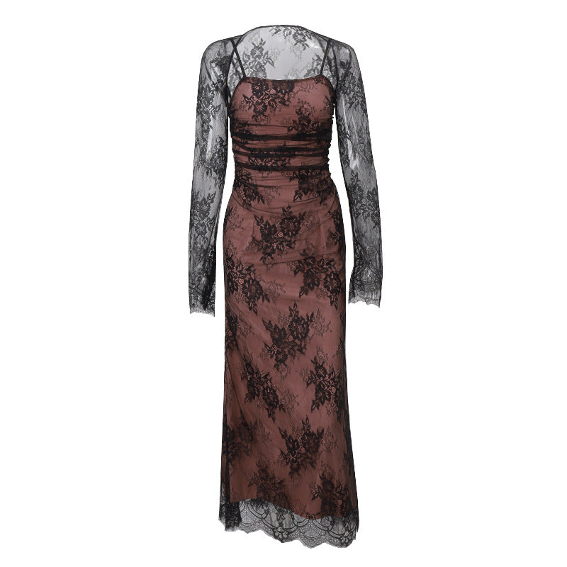 Women's Waistcoat Long Sleeve Strap Floral Lace Dresses