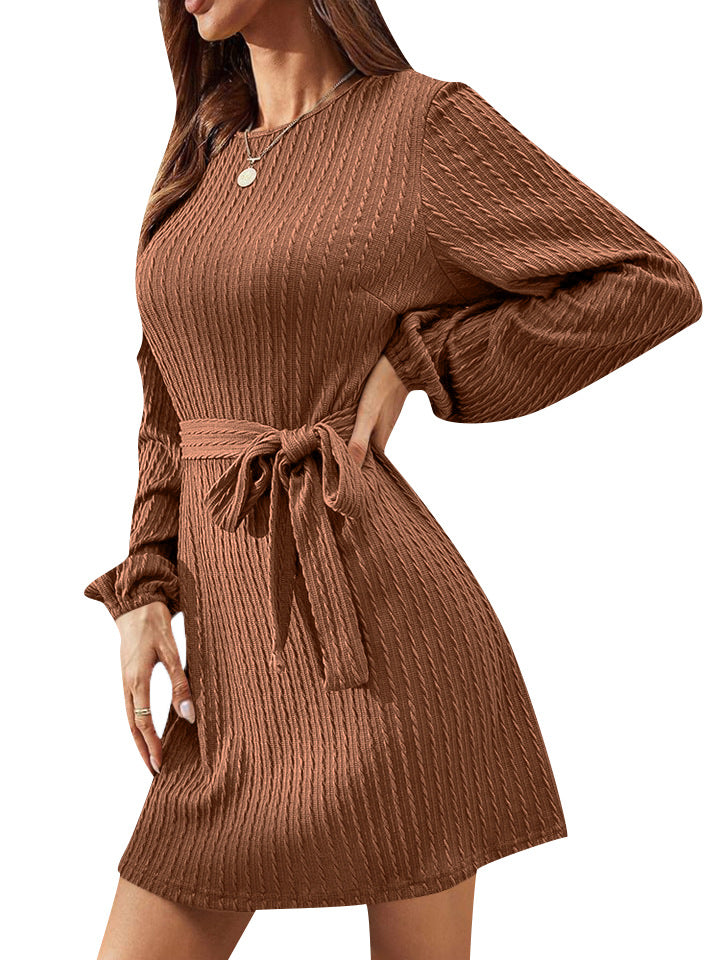 Women's Belt Long Sleeve Twist Knitted Dress Skirts