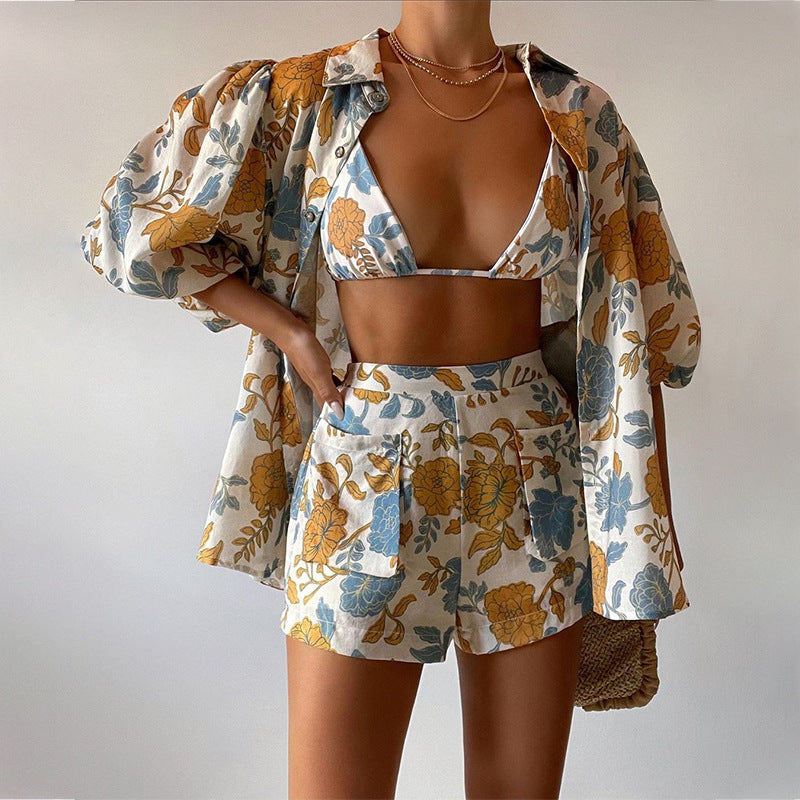 Women's Spring Fashion Printed Shirt Camisole Three-piece Suits