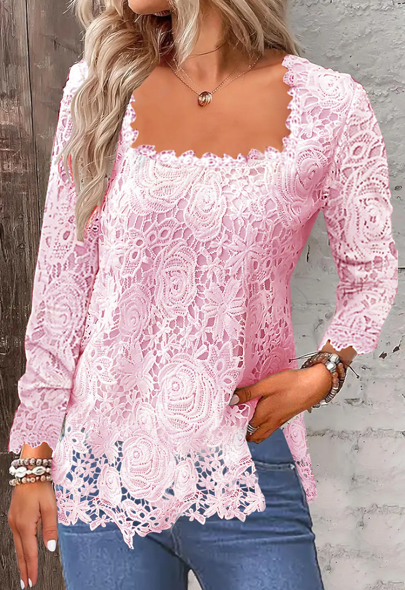 Square Collar Lace Bottoming Shirt Long Blouses