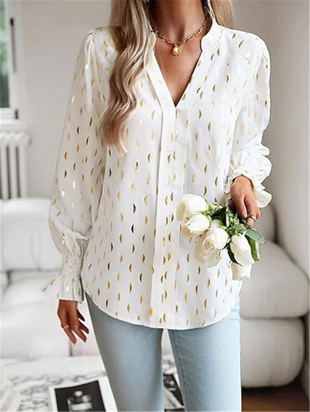 Cool Bubble Long Sleeve Waist Bronzing Blouses