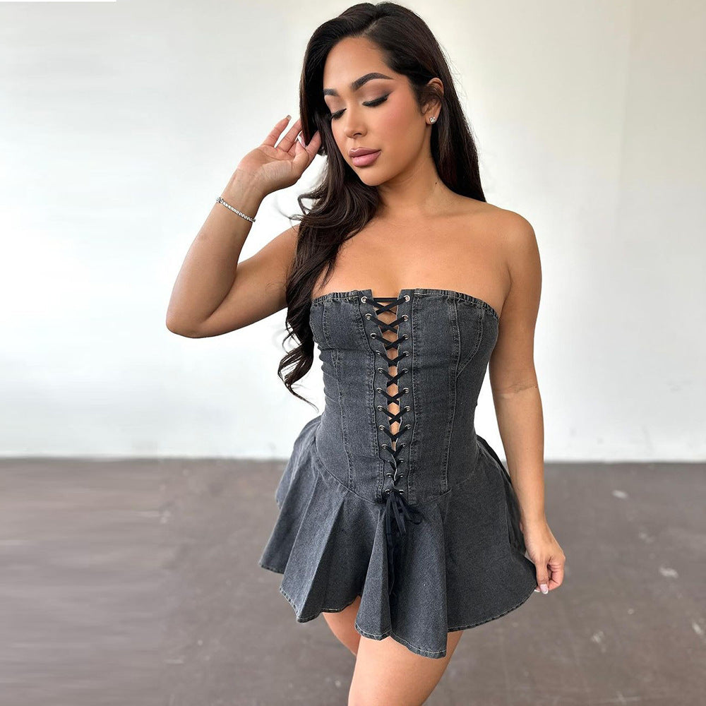 Women's Dress Zipper Bandeau Sexy Hot Denim Dresses