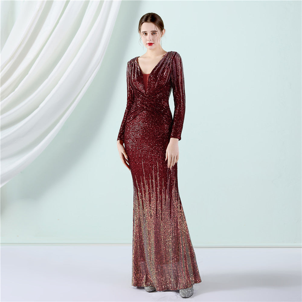 Gradient Sequin Long Sleeve Dress Fashion Evening Dresses