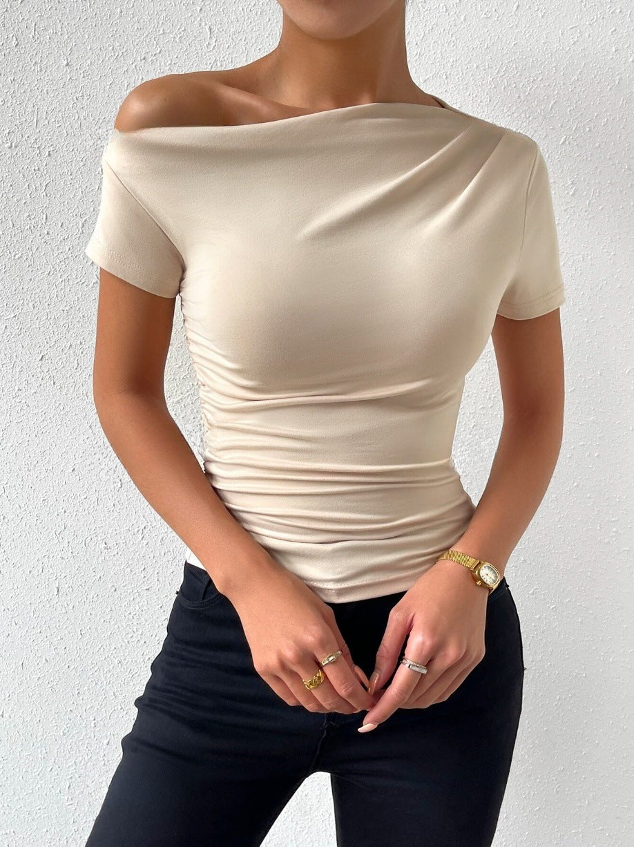 Slim Fit Pleating Irregular Sleeve T-shirt Blouses