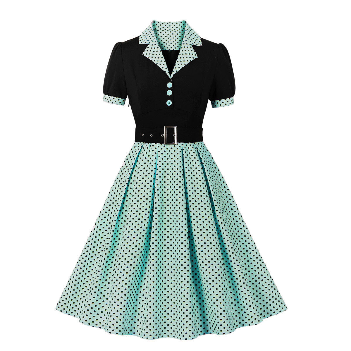 Women's Fashion Polka Dot Lapel Sleeve Belt Dresses