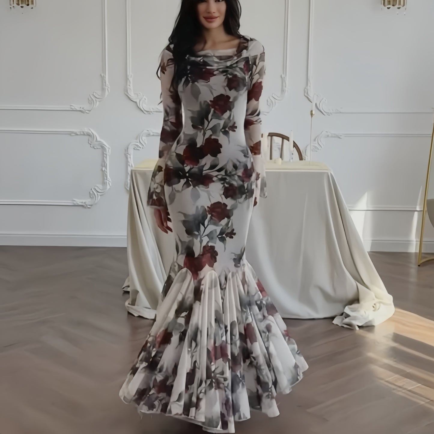 Women's Fashion Romantic French Floral Print Long Dresses