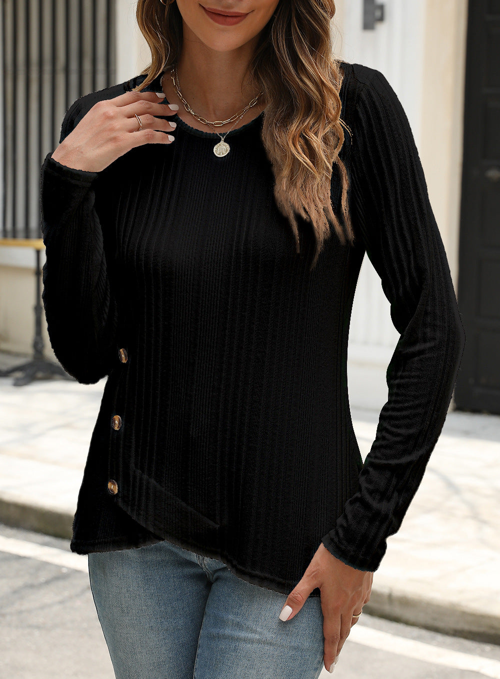 Women's Sunken Stripe Brushed Button Long-sleeved T-shirt Tops