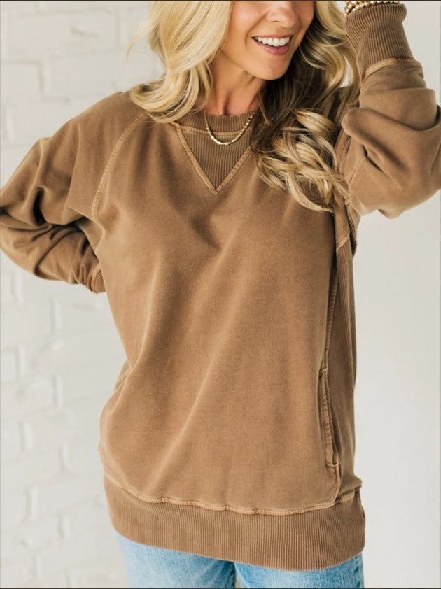 Women's Trimmings Pocket Pullover Long Sleeve Loose Sweaters