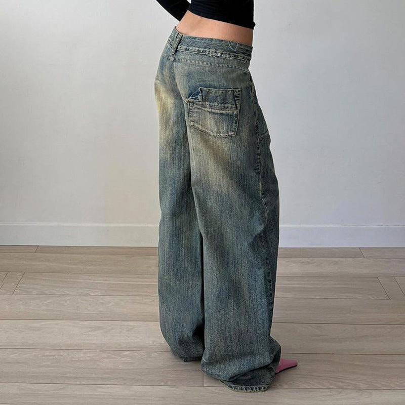 Women's Basic Washed Split Low Waist Loose Jeans