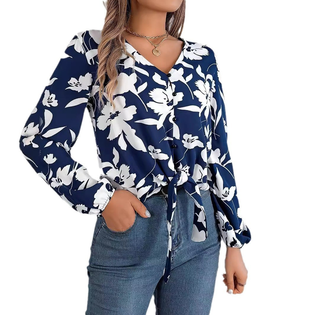 Women's Casual Contrast Color Flower Lantern Sleeve Blouses