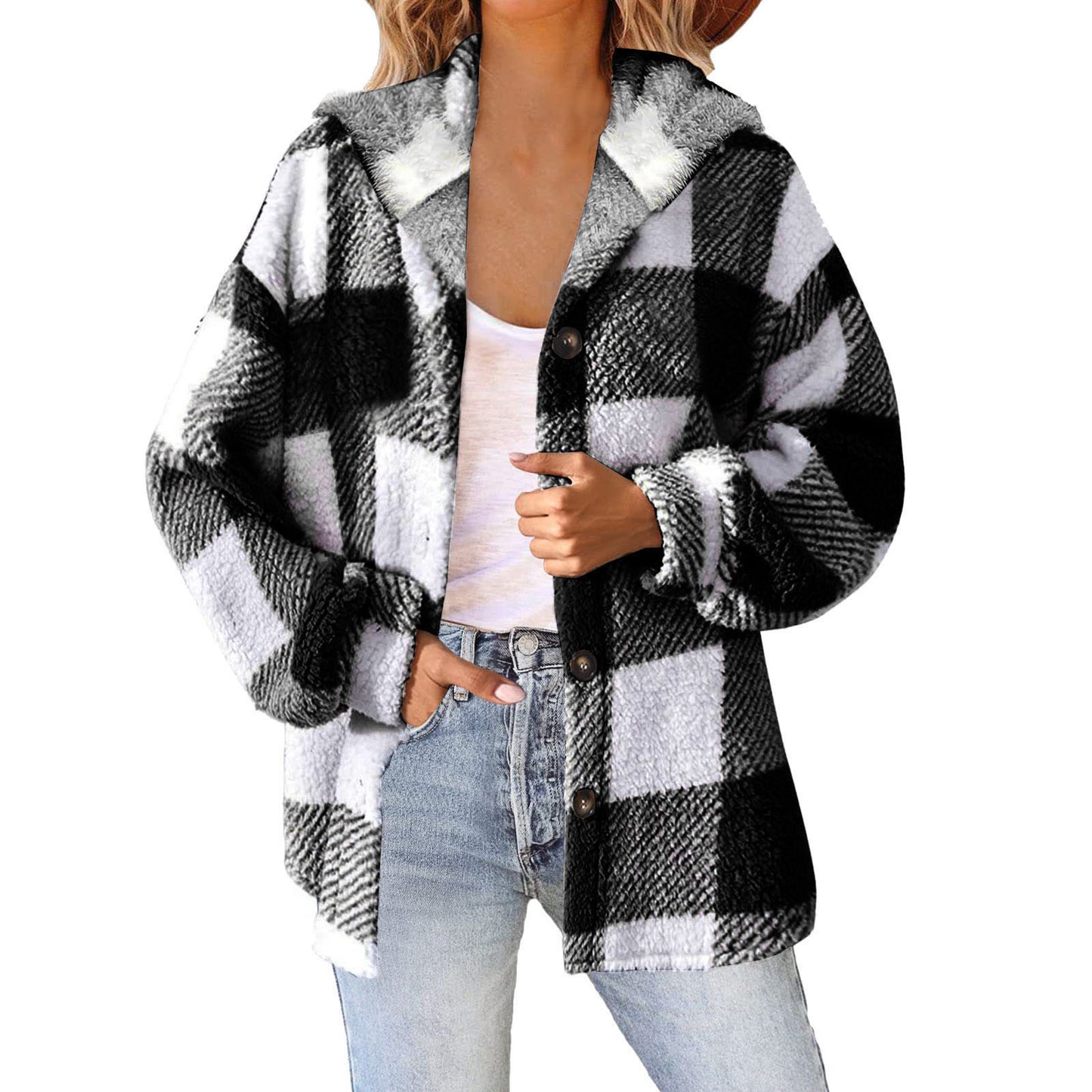 Women's Printed Plaid Hooded Button Plush Warm Coats