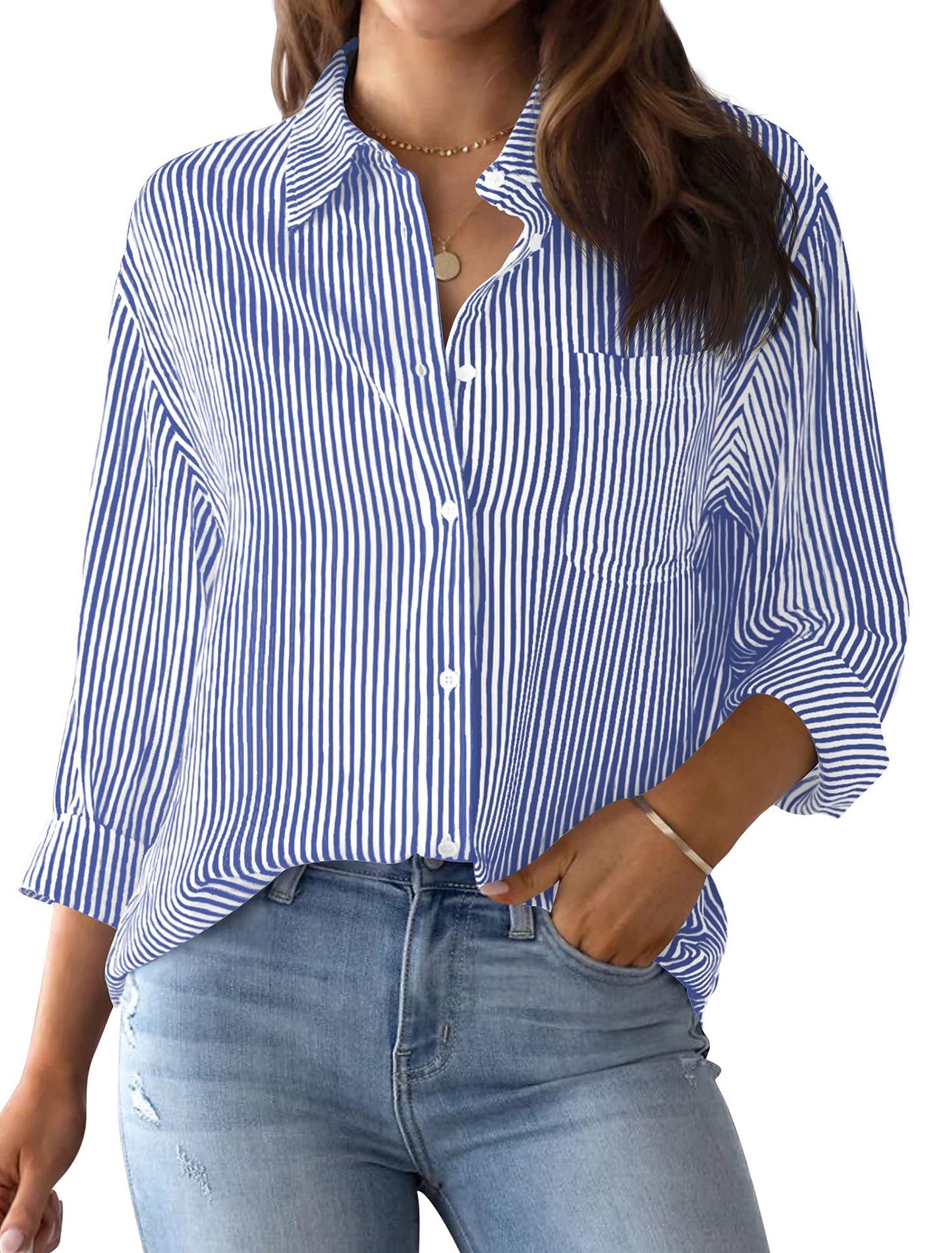 Women's For With Pocket Loose Striped Classic Long Blouses