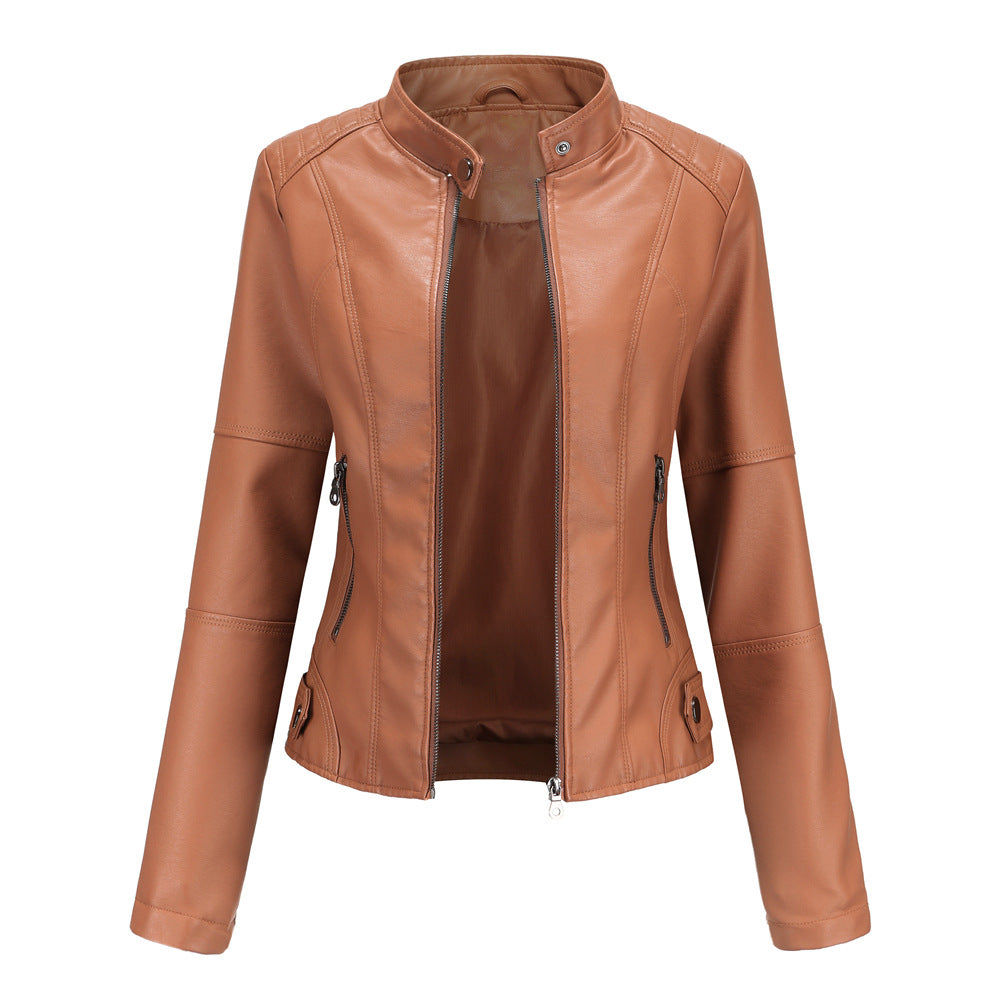 Women's European Leather Slim Thin Motorcycle Stand Jackets