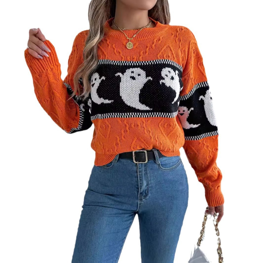 Women's Halloween Theme Ghost Contrast Color Long Sweaters