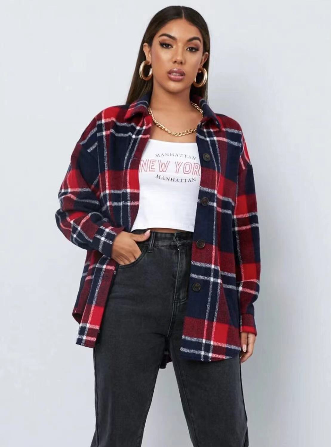 Spring Plaid Frayed Shirt Loose Fashion Blouses