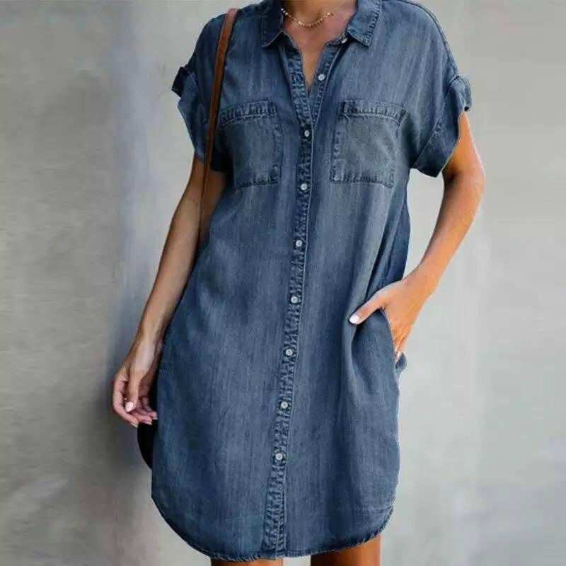 Robe chemise en jean slim à manches à revers pour femmes