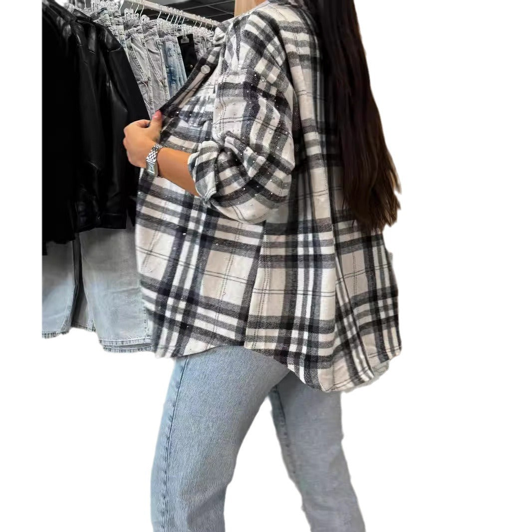 Women's Rhinestone Plaid Shirt Long-sleeved Woolen Blouses