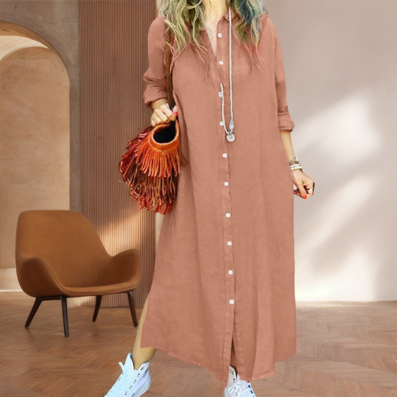 Women's Dress Cotton Linen Shirtdress Casual Long-sleeved Dresses