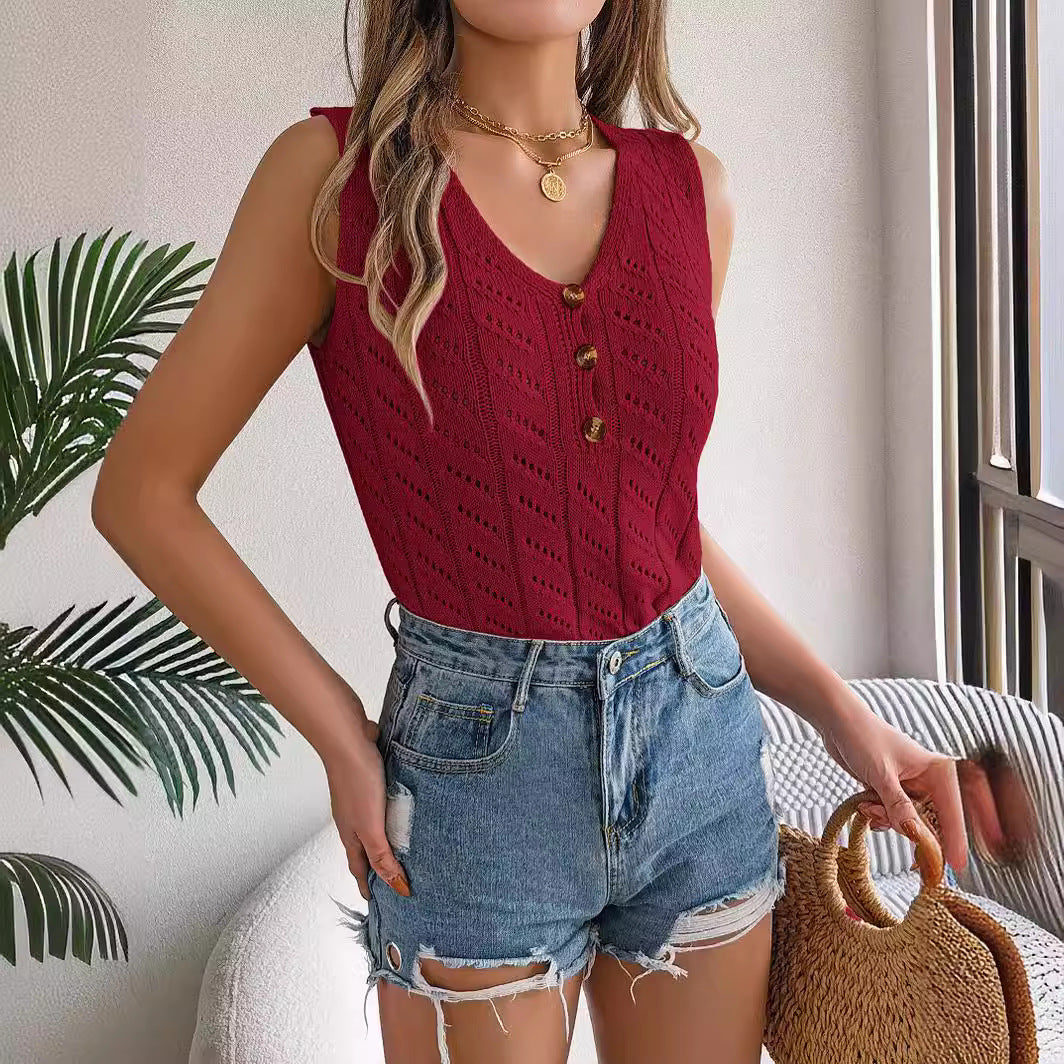 Women's Summer Solid Color Buttons Hollow Sleeveless Clothing