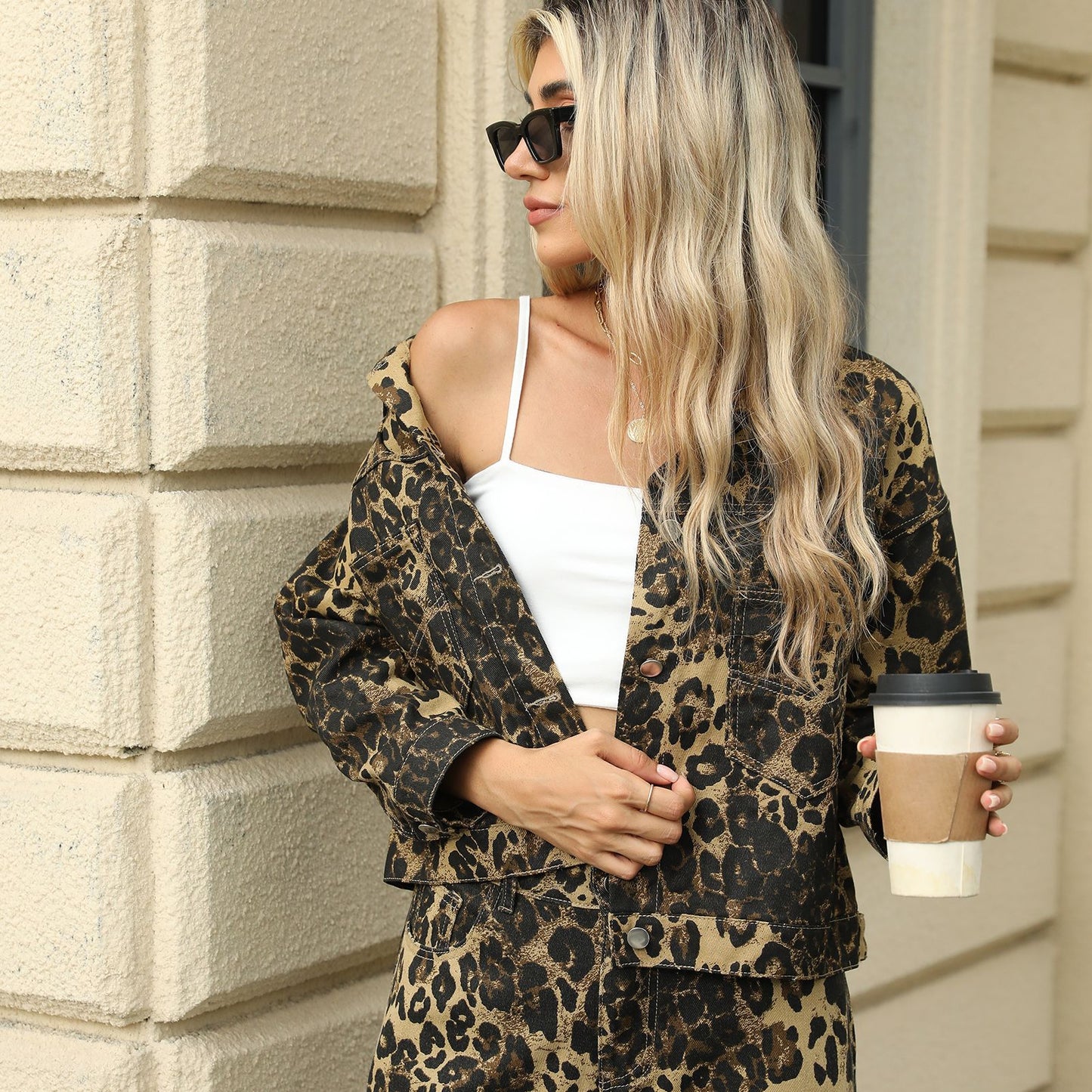 Women's Washed Fashion Leopard Print Denim Jackets