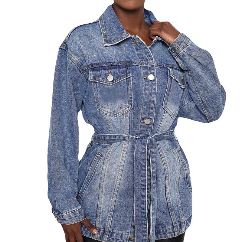 Women's Mid-length Denim Casual Trench With Belt Jackets