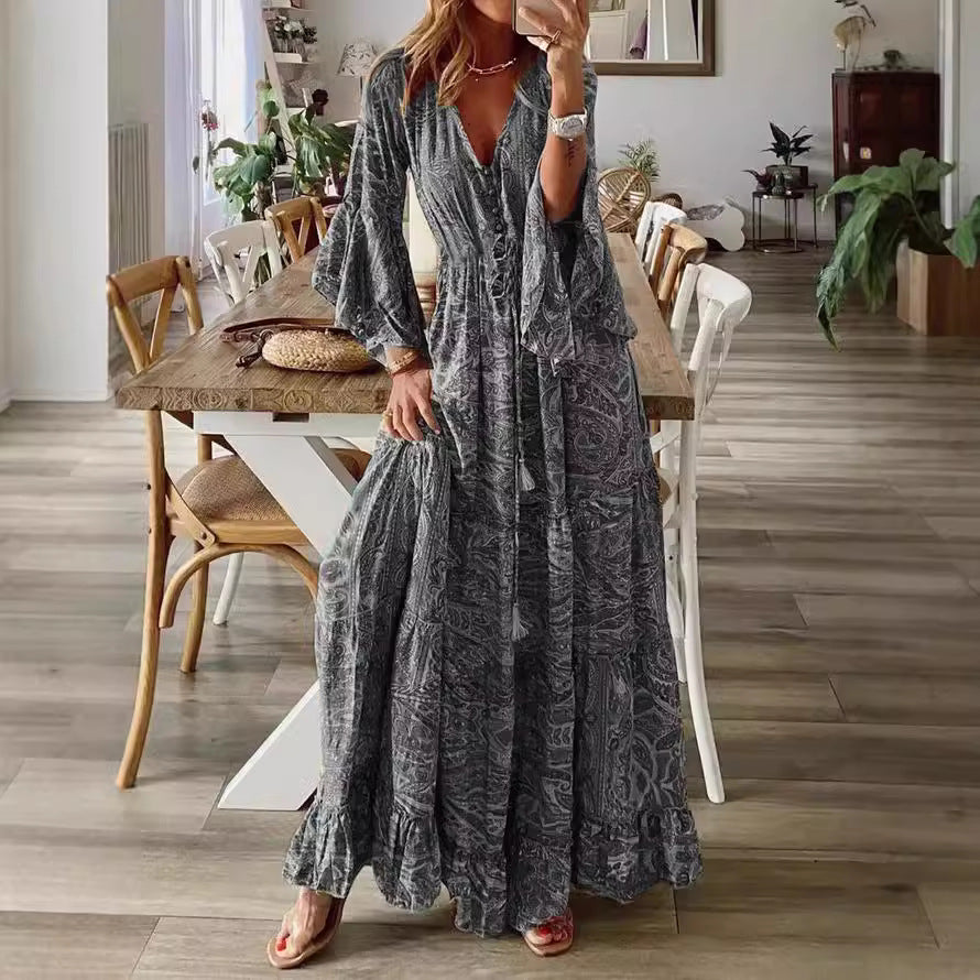 Robe de vacances bohème à manches évasées et taille haute imprimée