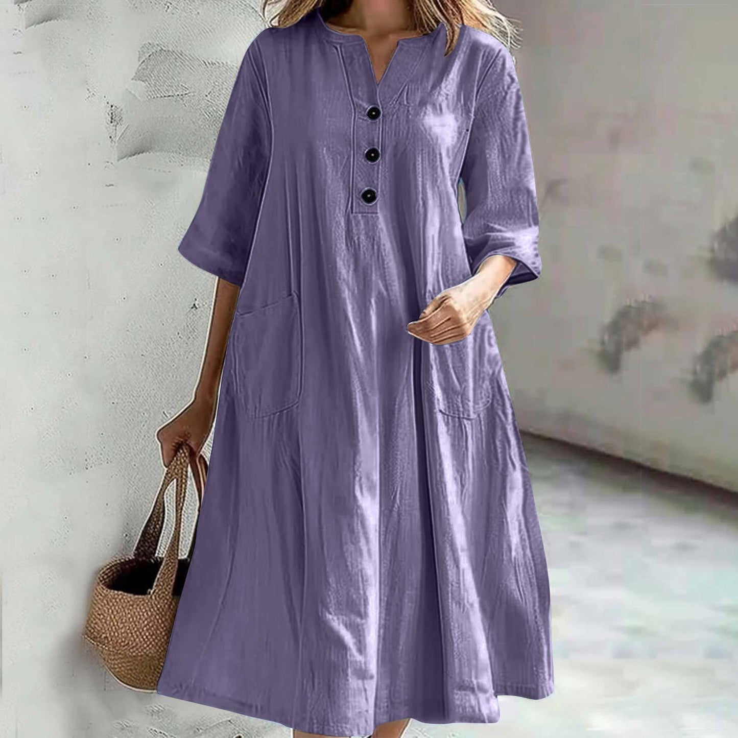 Women's Dress Mid-length Half Sleeve Cotton Linen Dresses