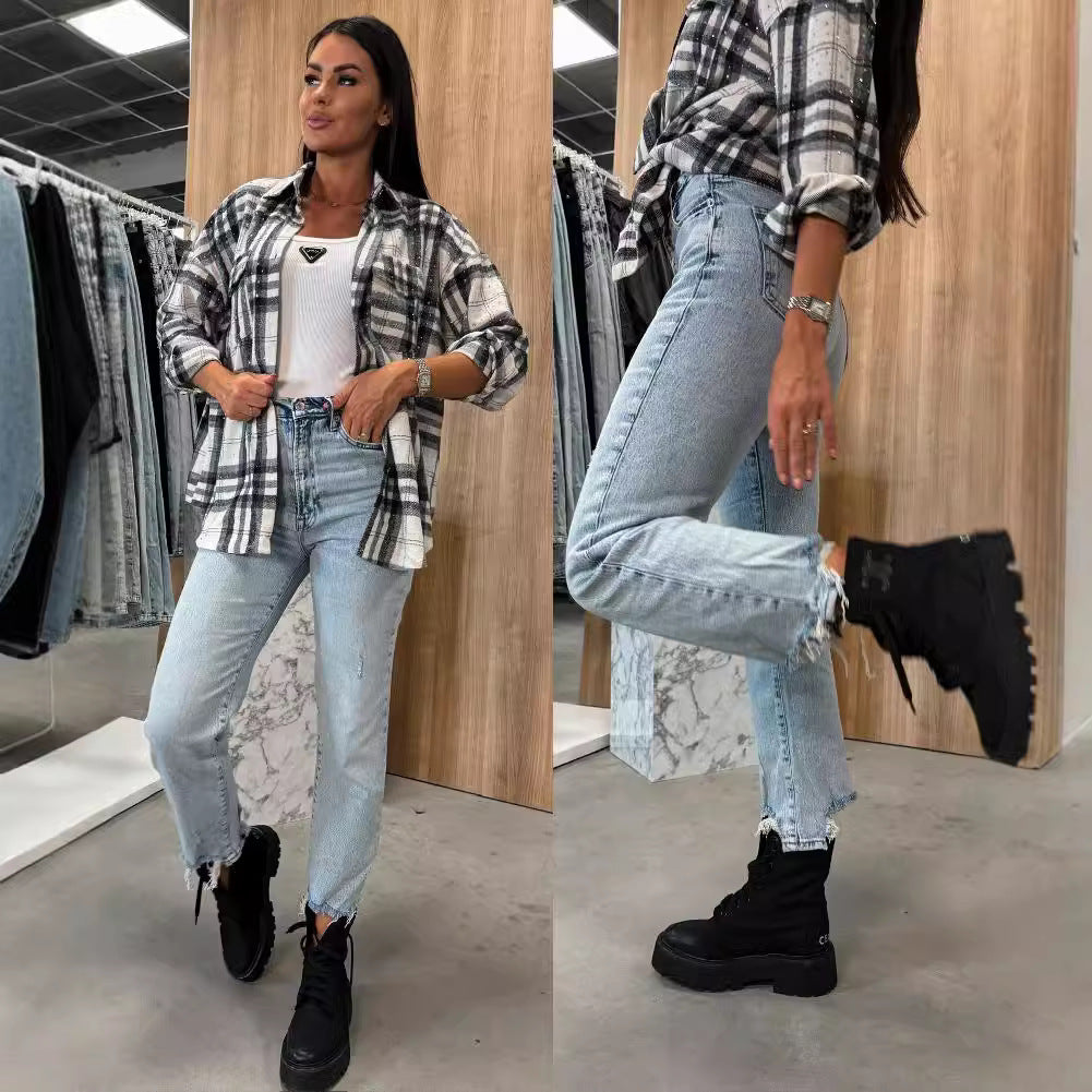 Women's Rhinestone Plaid Shirt Long-sleeved Woolen Blouses