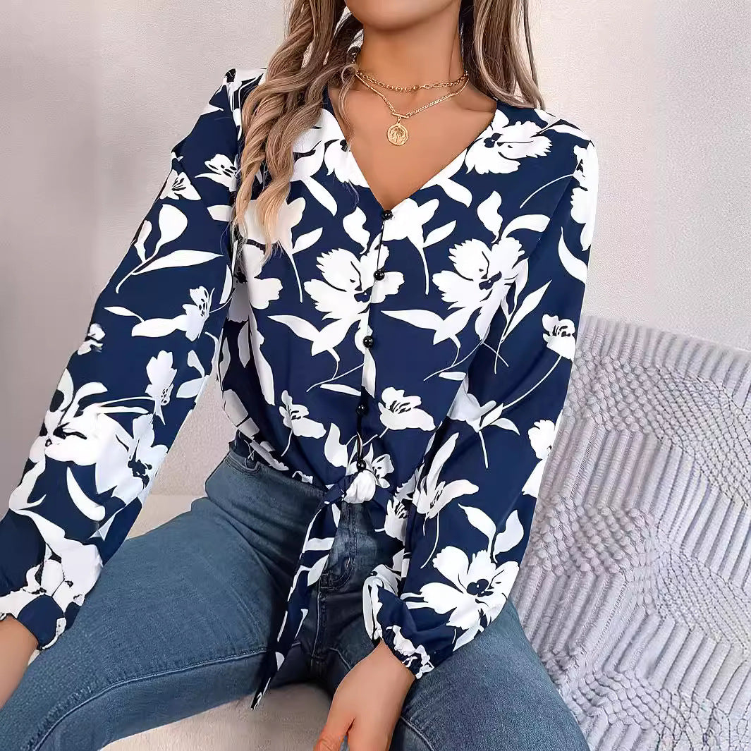 Women's Casual Contrast Color Flower Lantern Sleeve Blouses